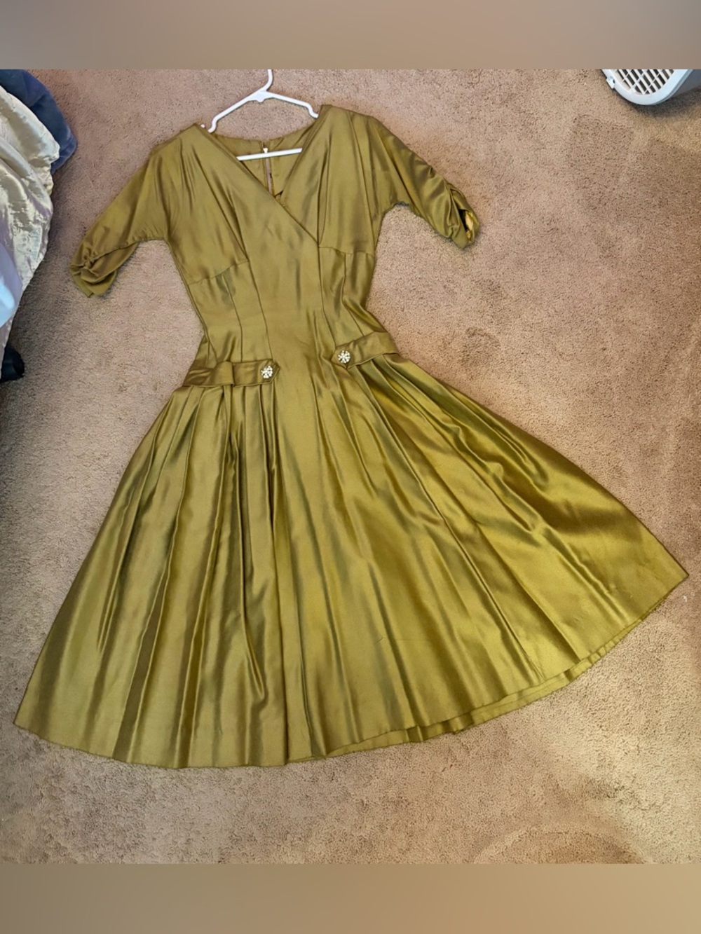 Vintage 1950s Juniors Olive Green Fit & Flare Party Dress Rhinestones & Bow XS